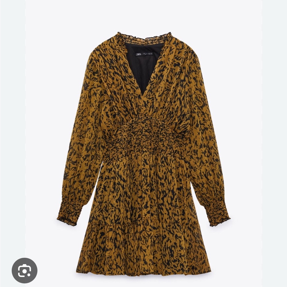 Zara Black and Brown Fit and Flare Dress with Bishop Sleeves
